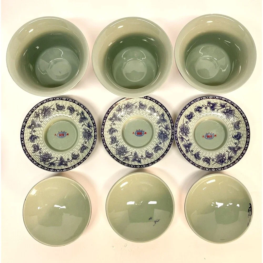 Vintage Bairuxue Art Ceramics Chinese Tea Set Blue Floral on Grey/Green-BOXED